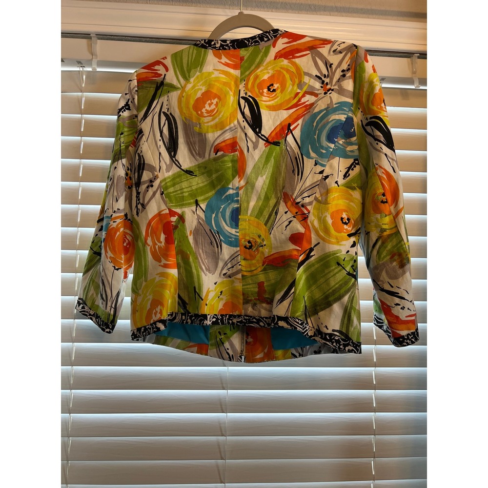 Peter Nygard Jacket Linen Cotton Abstract Floral Zip Front Multicolor Maximalist